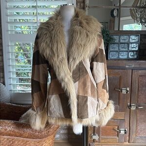 VENEZIA JEANS CLOTHING CO. LEATHER JACKET COAT FAUX FUR LINED PATCHES PENNY LANE